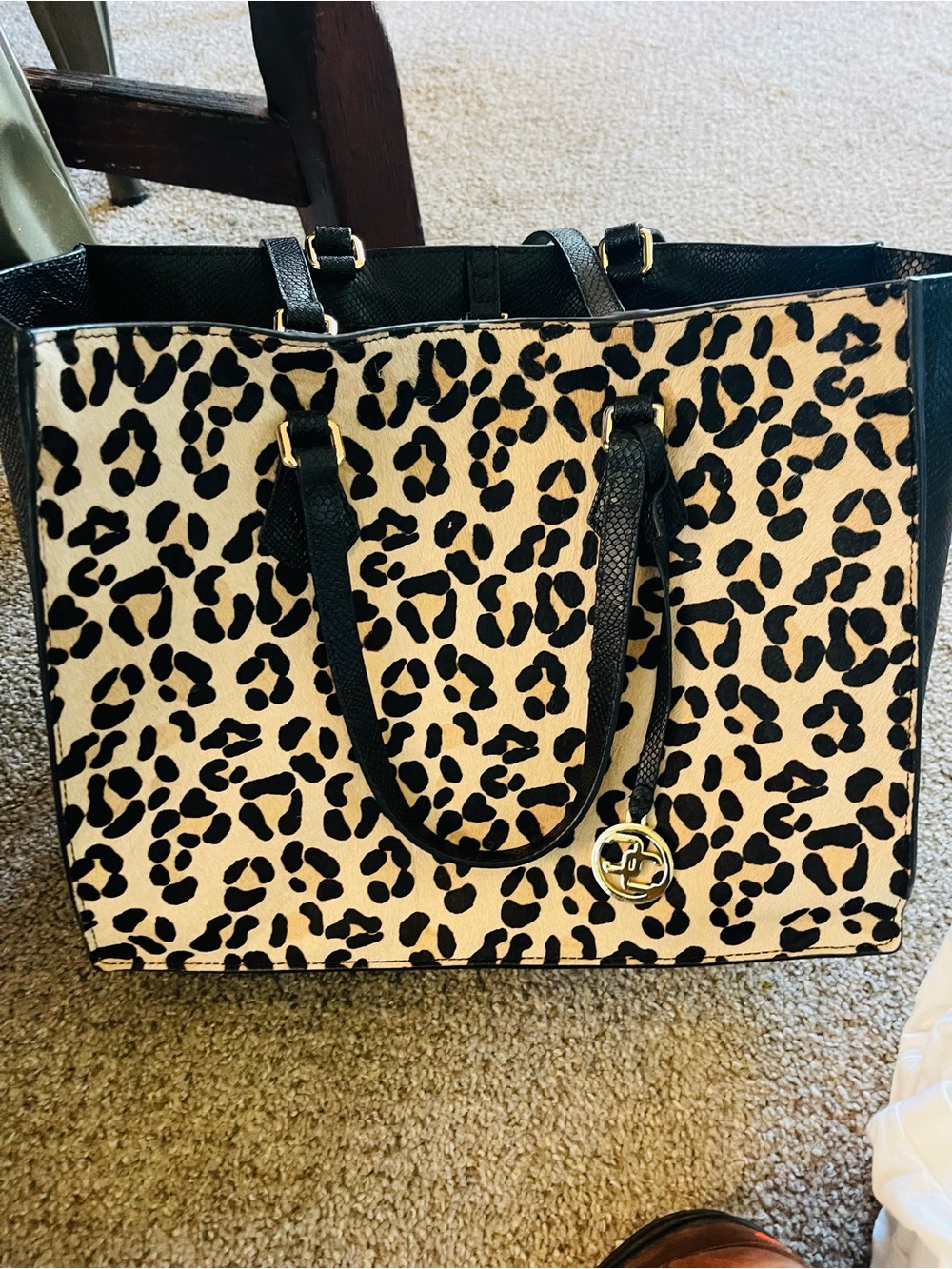 Chico's Leopard-Print Tote with Black Trim and Gold Accent